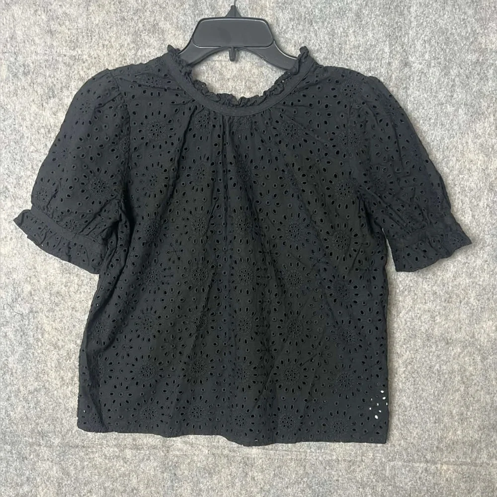Madewell Small Black Embroidered Eyelet Ruffle-Neck‎ Keyhole Top